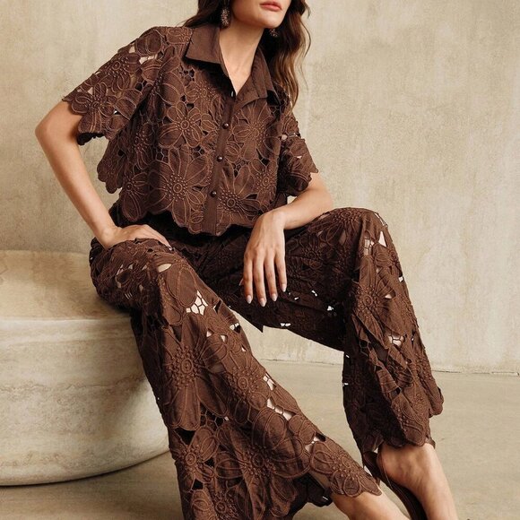 Brown Casual Women's Embroidered Top & Pants Set - Picture 1 of 7